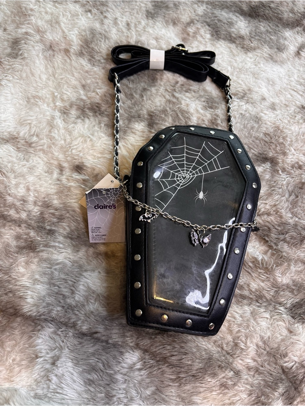 Claire's Black Coffin Crossbody Bag with Spiderweb Graphic